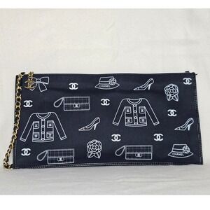 Chanel Women's Symbols Canvas Pochette Clutch Black Printed Gold-Tone Hardware